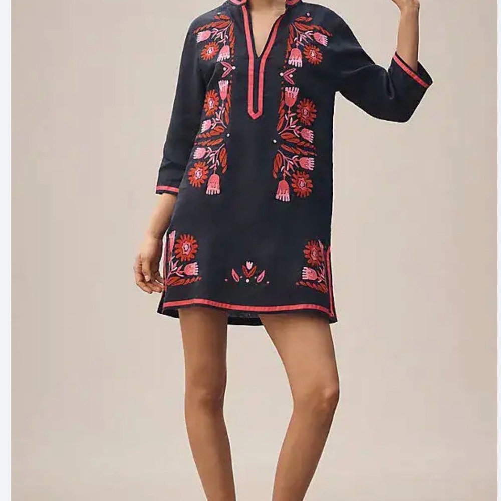 Viagallo Navy Embroidered Floral Tunic Dress Anthropology